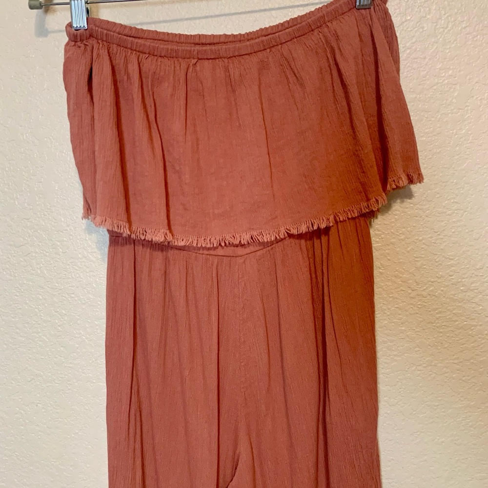 Aerie Strapless Jumpsuit Boho Crinkle Gauze Jogger Dusty Rose Size Small - Picture 8 of 10